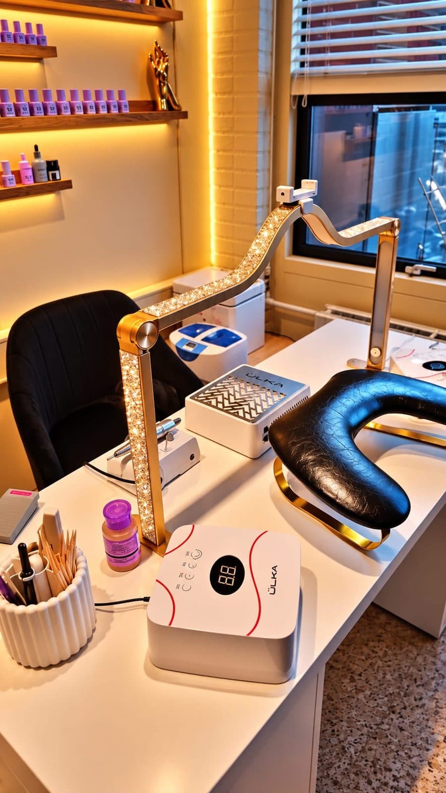 Arbejdsbordet med lampe, neglelak og UV-lampe.